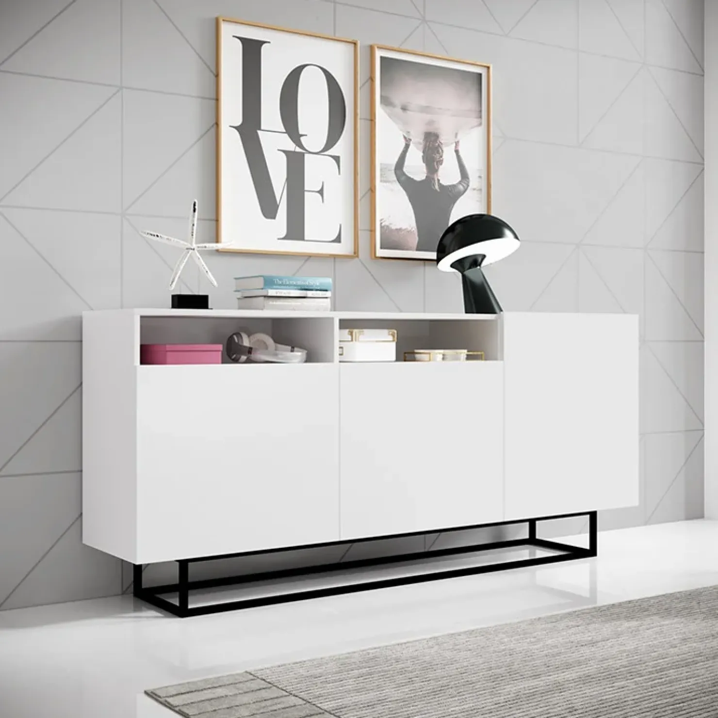Garnero Arredamenti Credenza 180x80h cm 3 ante 2 vani moderna bianco nero Erice Gihome® Bianco Opaco New