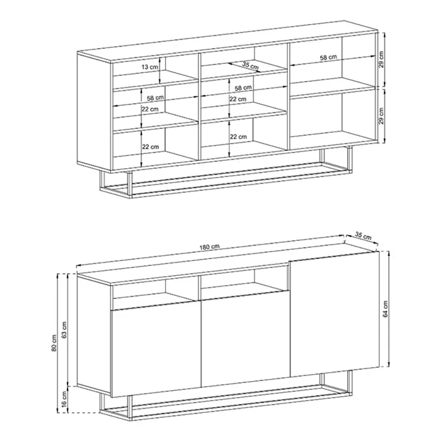 Garnero Arredamenti Credenza 180x80h cm 3 ante 2 vani moderna bianco nero Erice Gihome® Bianco Opaco New