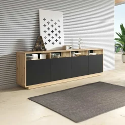 Garnero Arredamenti Credenza 238x75h cm 4 ante 4 vani a giorno moderna nero opaco rovere Esmond