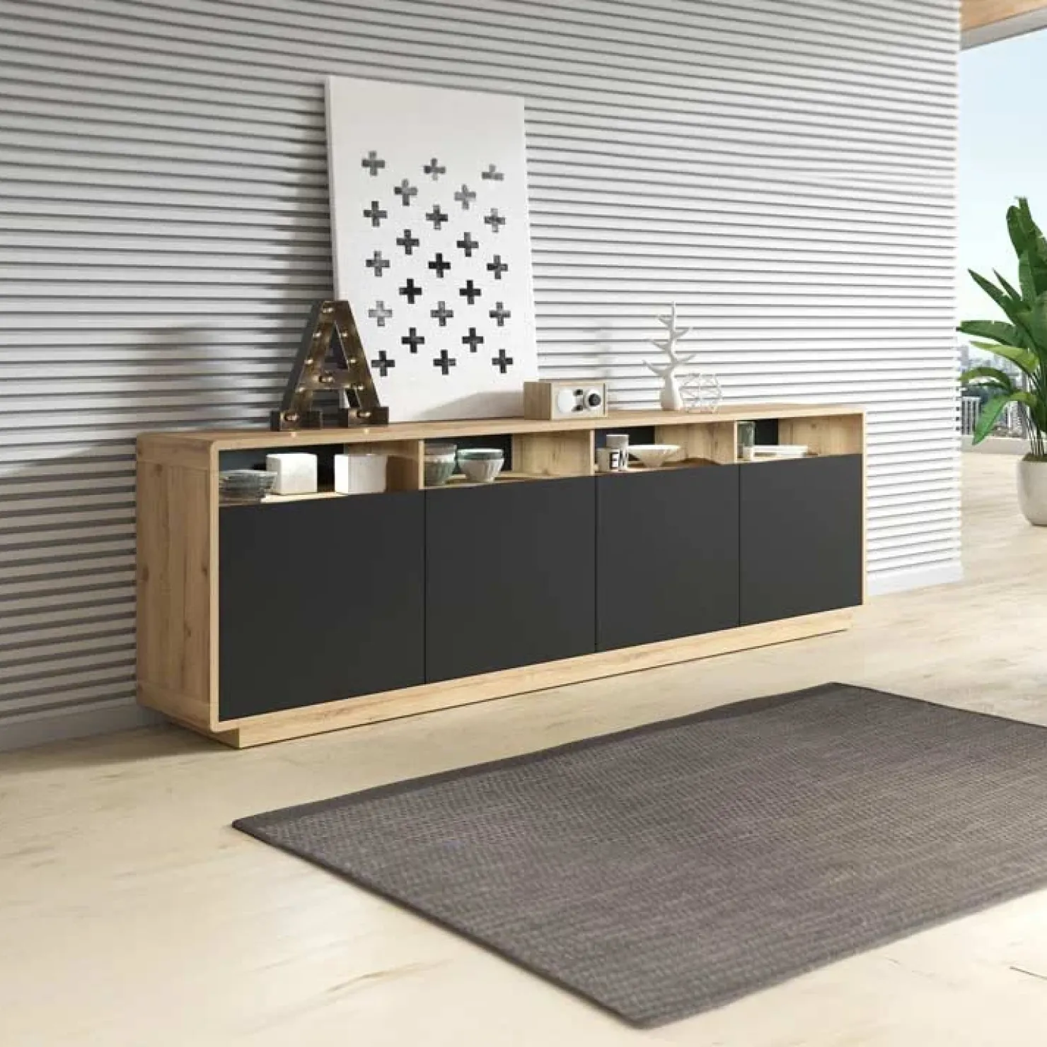 Garnero Arredamenti Credenza 238x75h cm 4 ante 4 vani a giorno moderna nero opaco rovere Esmond