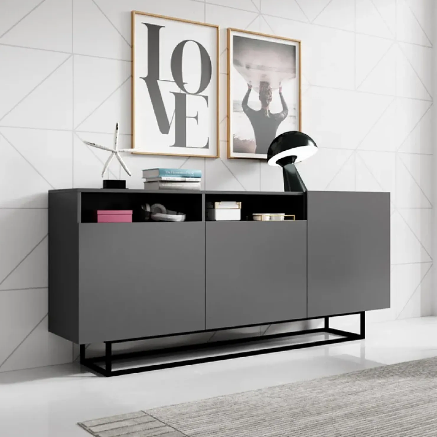 Garnero Arredamenti Credenza 180x80h cm 3 ante 2 vani moderna nero Erice Gihome® Antracite Online