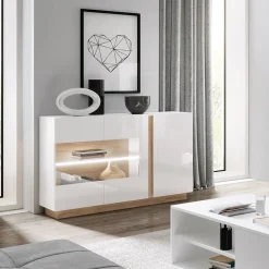 Garnero Arredamenti Credenza 138x91h cm 3 ante con vetrina moderna bianco rovere Noa Gihome® Bianco Lucido - Rovere Sale
