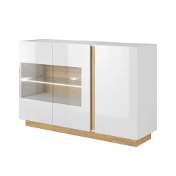 Garnero Arredamenti Credenza 138x91h cm 3 ante con vetrina moderna bianco rovere Noa Gihome® Bianco Lucido - Rovere Sale