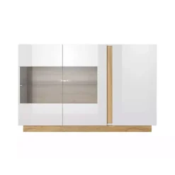 Garnero Arredamenti Credenza 138x91h cm 3 ante con vetrina moderna bianco rovere Noa Gihome® Bianco Lucido - Rovere Sale