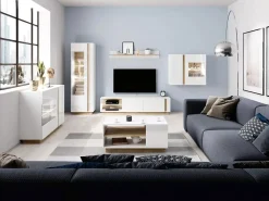 Garnero Arredamenti Credenza 138x91h cm 3 ante con vetrina moderna bianco rovere Noa Gihome® Bianco Lucido - Rovere Sale