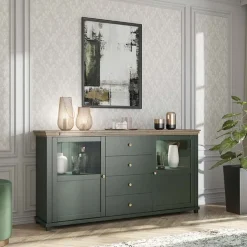 Garnero Arredamenti Credenza 181x93h cm 2 ante con vetrinetta 4 cassetti verde quercia Texel Outlet