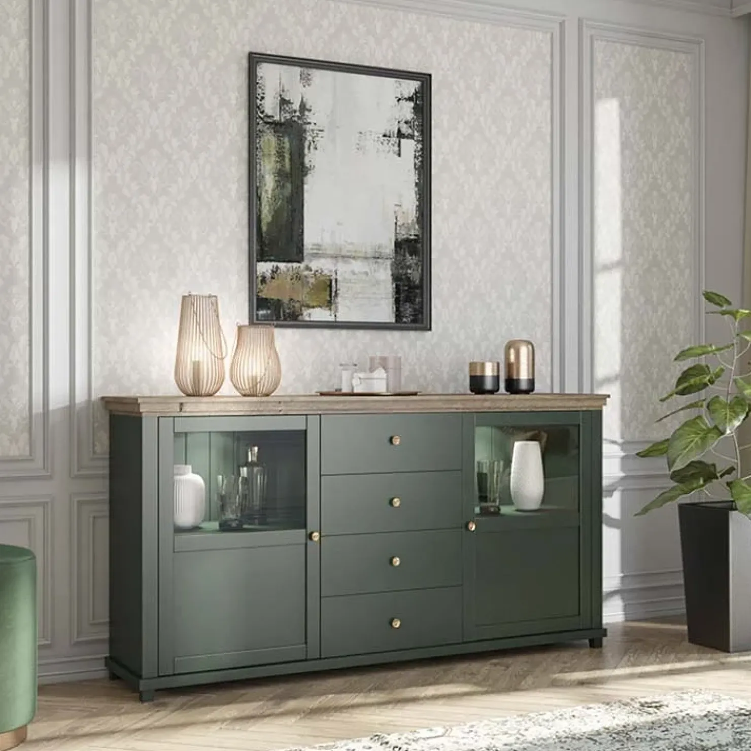 Garnero Arredamenti Credenza 181x93h cm 2 ante con vetrinetta 4 cassetti verde quercia Texel Outlet