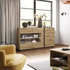 Garnero Arredamenti Credenza 138x91h cm 3 ante con vetrina moderna rovere antracite Noa Gihome® Rovere - Antracite