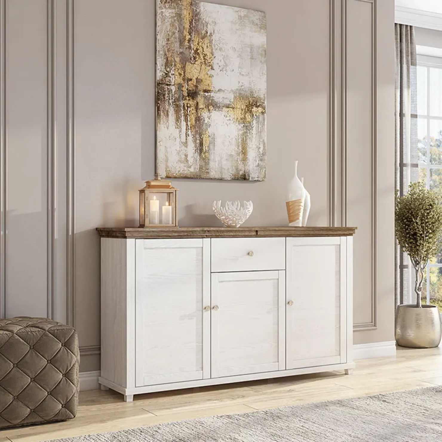 Garnero Arredamenti Credenza 160x93h cm 3 ante moderna rovere Texel Bianco Frassinato