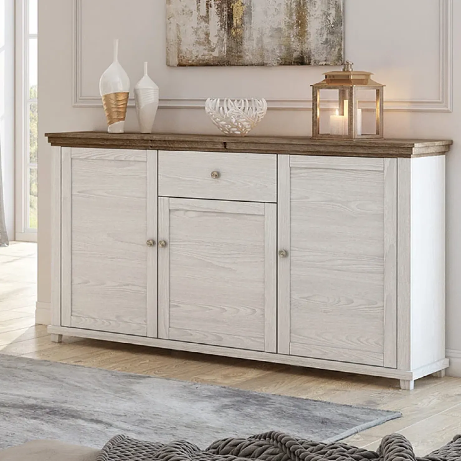 Garnero Arredamenti Credenza 160x93h cm 3 ante moderna rovere Texel Bianco Frassinato