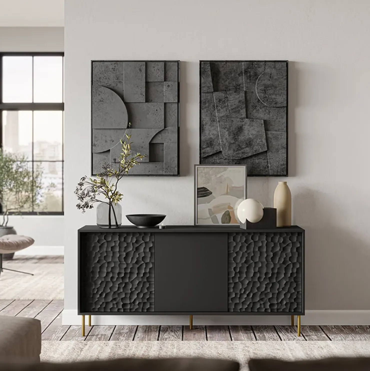 Garnero Arredamenti Credenza 155x73h cm 3 ante moderna soggiorno nero oro Osaka