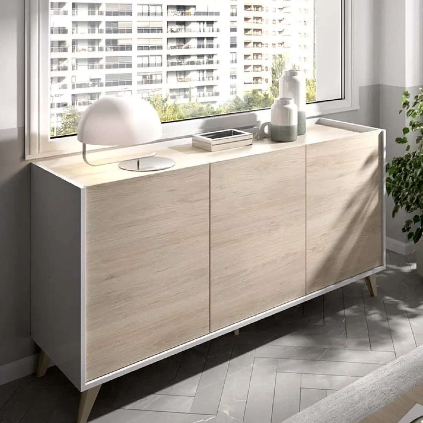 Garnero Arredamenti Credenza 155x75h cm 3 ante moderna rovere bianco opaco Elmer Rovere - Bianco opaco