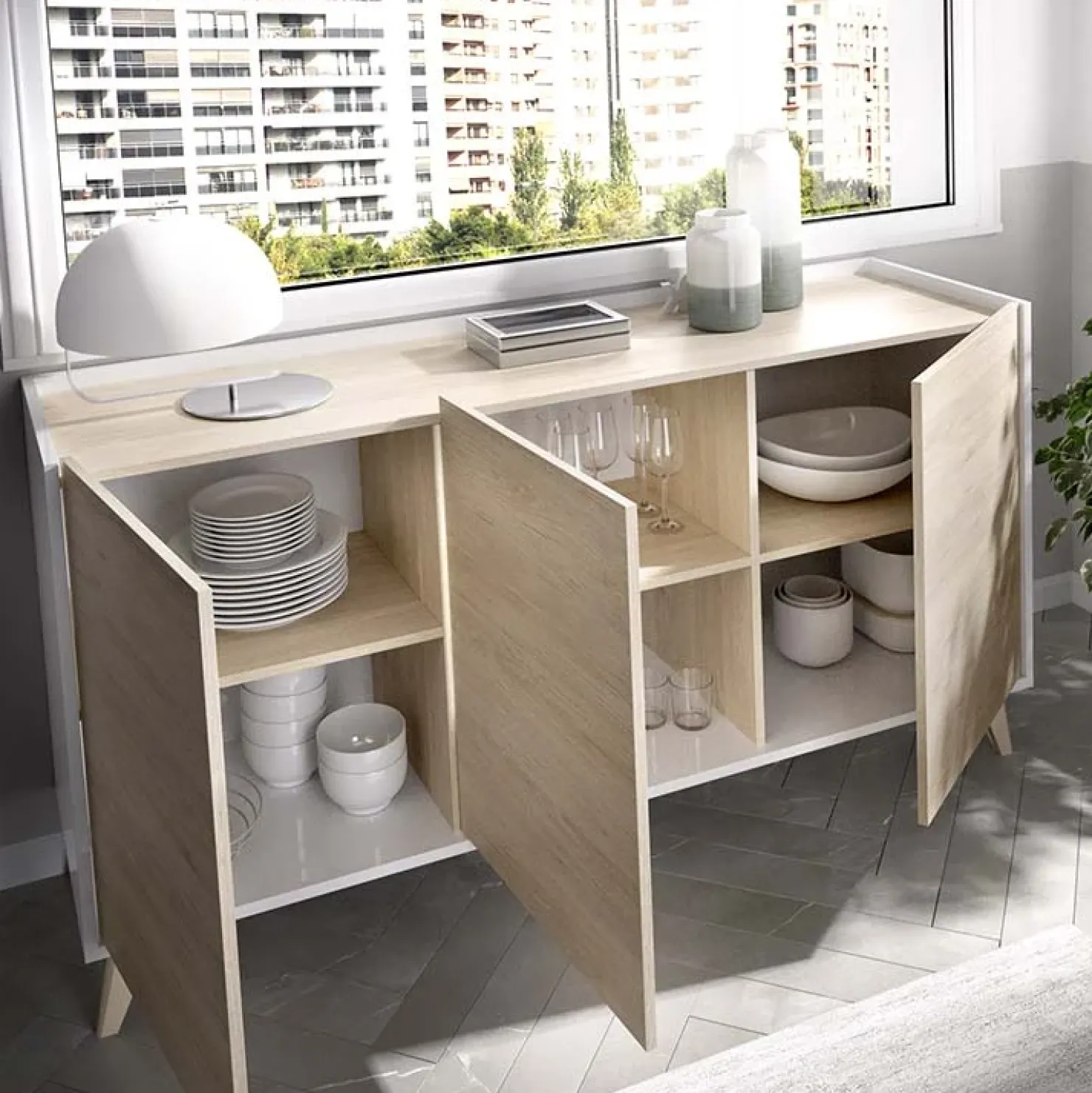 Garnero Arredamenti Credenza 155x75h cm 3 ante moderna rovere bianco opaco Elmer Rovere - Bianco opaco