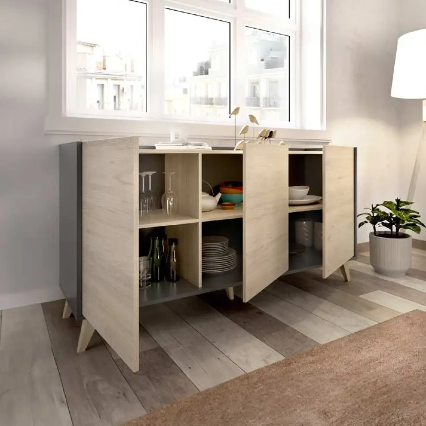 Garnero Arredamenti Credenza 155x75h cm 3 ante moderna ante rovere grafite Elmer Rovere - Grafite Clearance