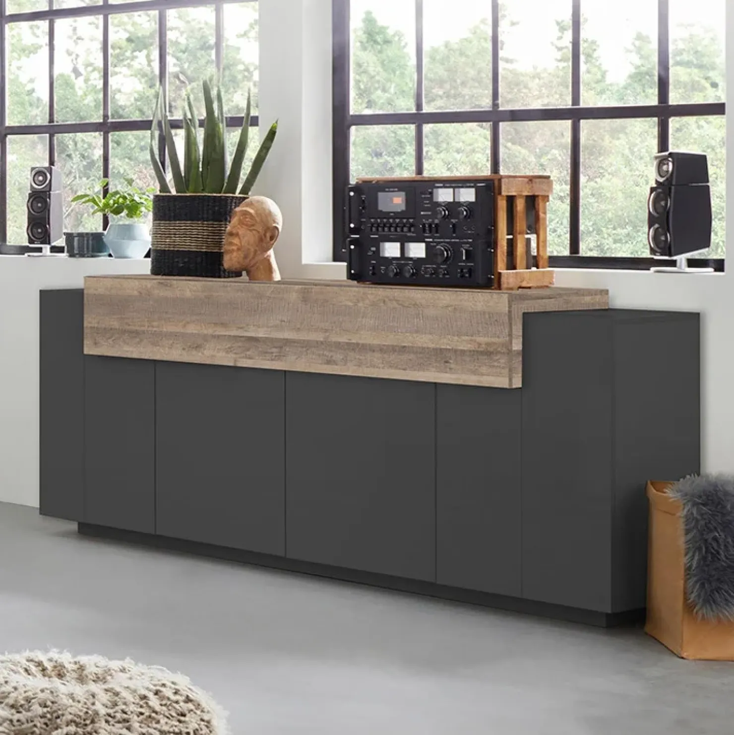 Garnero Arredamenti Credenza 200x86h cm 4 ante moderna antracite rovere Milos Gihome® Rovere Rustico - Antracite