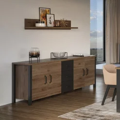 Garnero Arredamenti Credenza 220x79h cm 4 ante moderna rovere scuro nero Nebraska Noce - Nero opaco Clearance