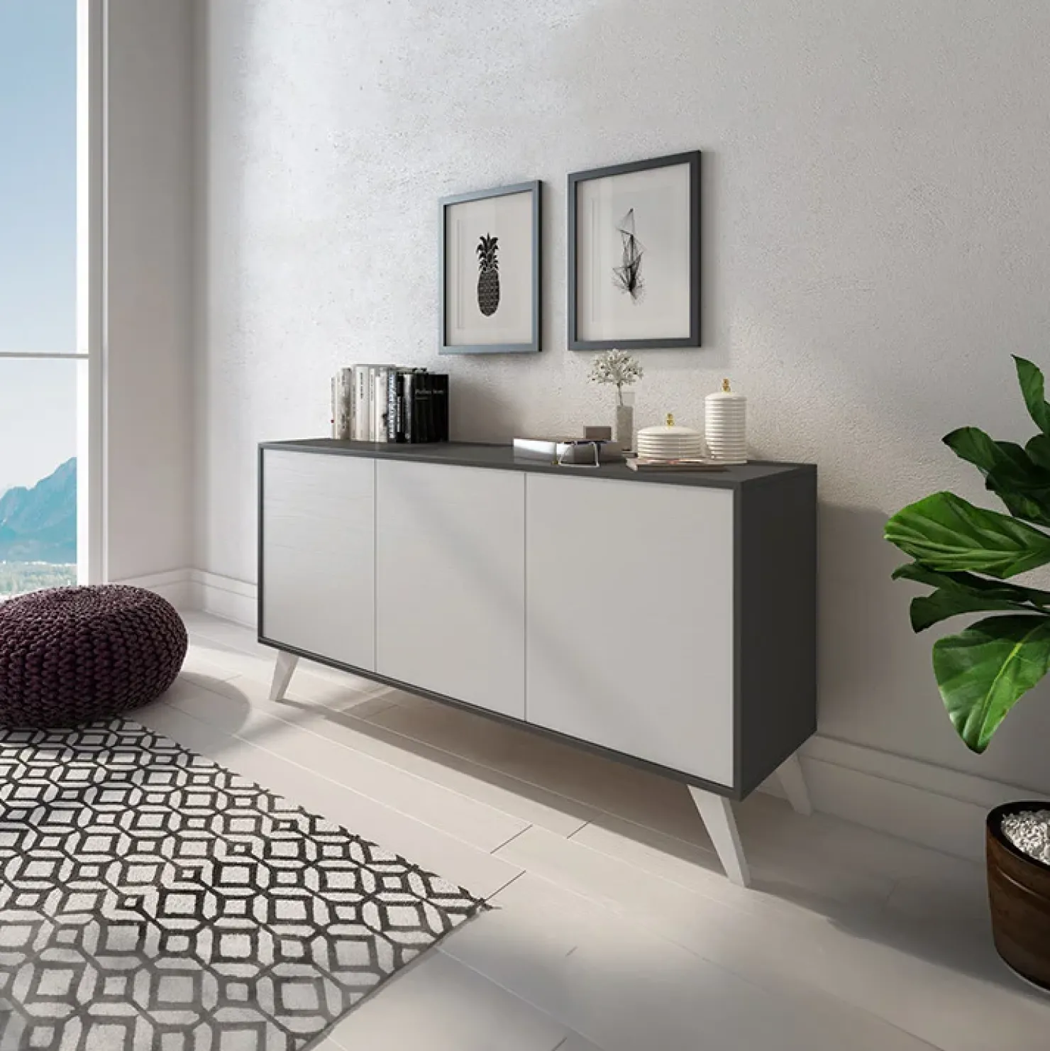 Garnero Arredamenti Credenza 154x72h cm 3 ante moderna grafite bianco frassinato Divine Bianco Frassinato - Grafite Discount