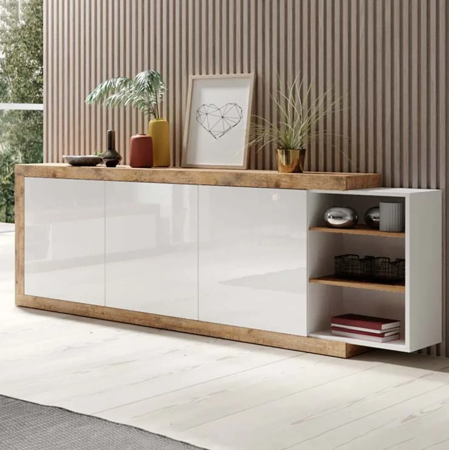 Garnero Arredamenti Credenza 220x86h cm 3 ante moderna bianco lucido rovereAria Outlet