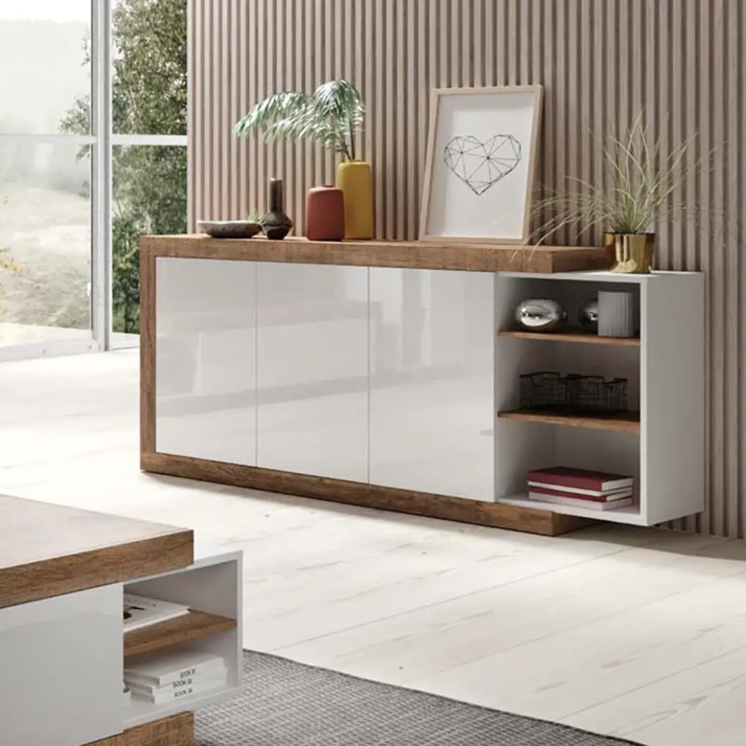 Garnero Arredamenti Credenza 220x86h cm 3 ante moderna bianco lucido rovereAria Outlet
