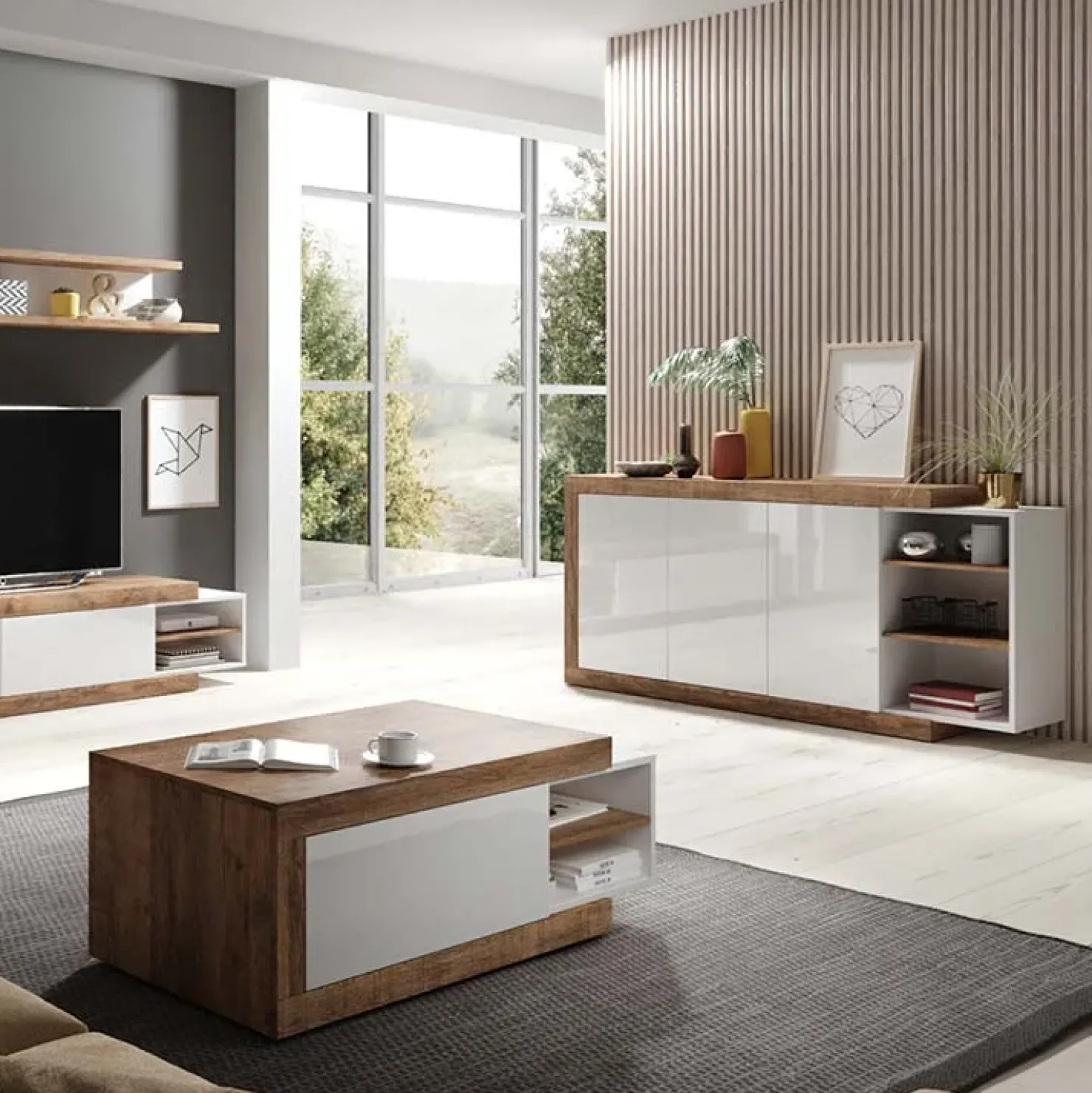 Garnero Arredamenti Credenza 220x86h cm 3 ante moderna bianco lucido rovereAria Outlet