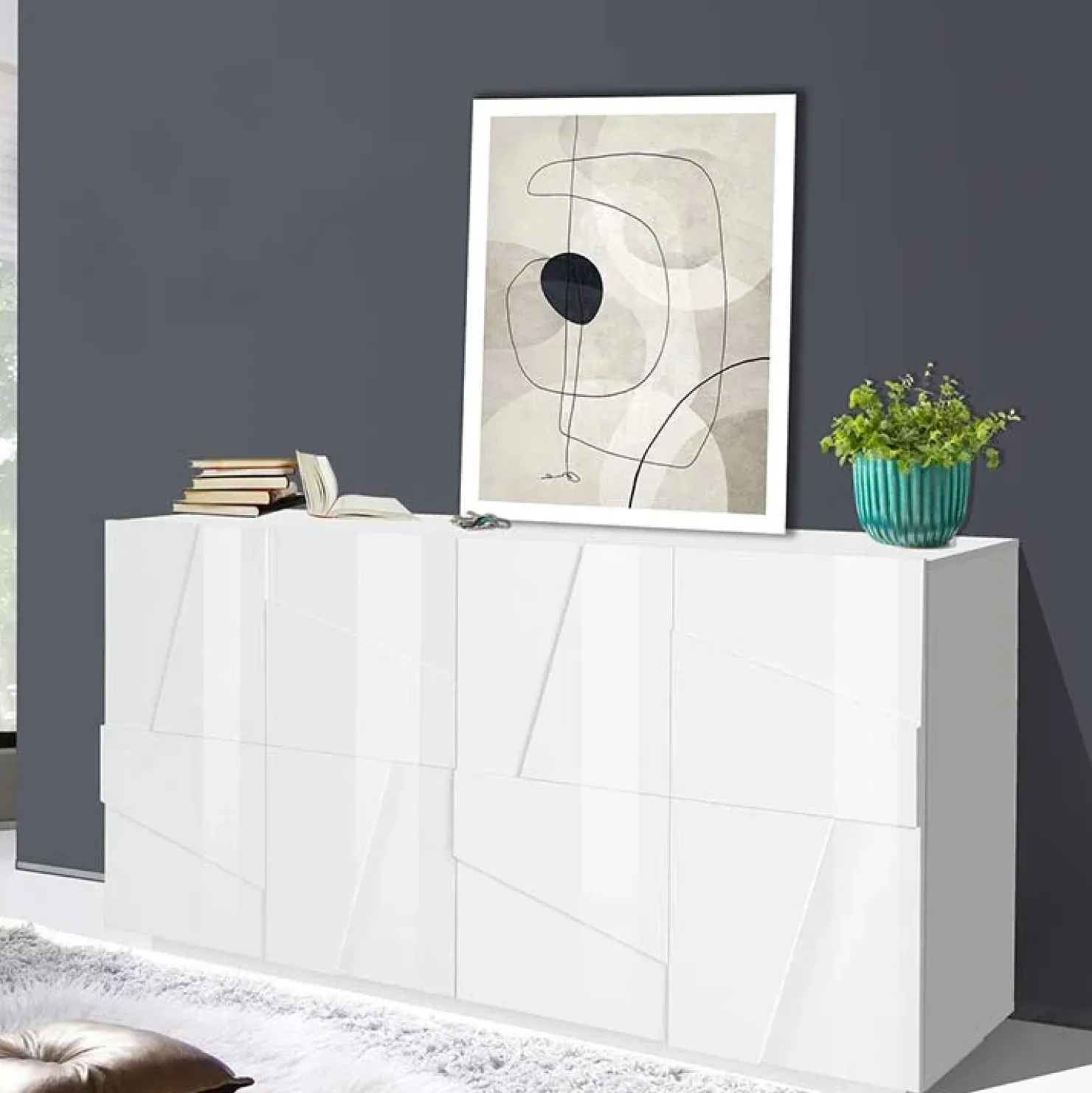 Garnero Arredamenti Credenza 163x86h cm 4 ante moderna Zenzero Gihome® Bianco Lucido Sale