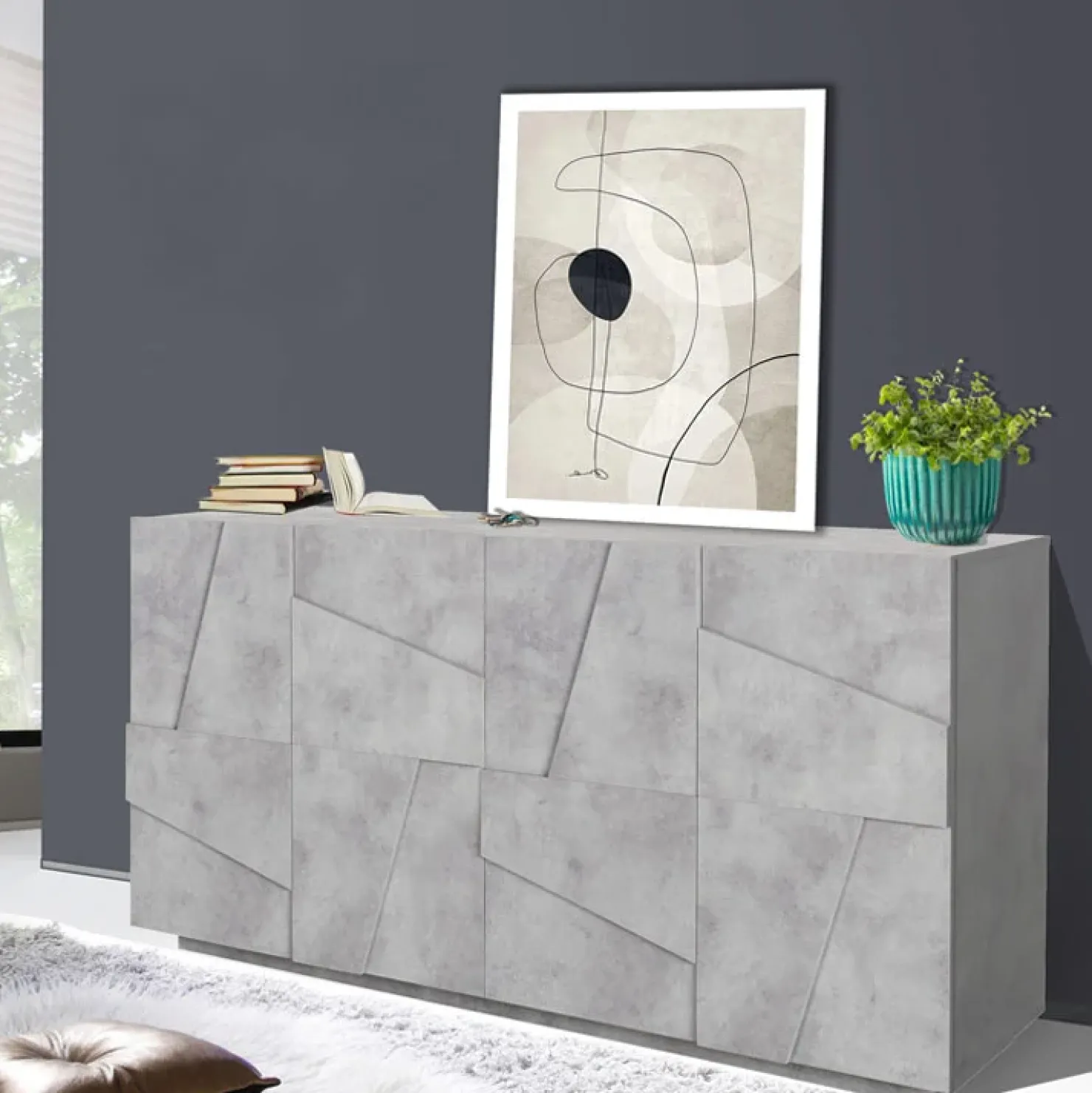 Garnero Arredamenti Credenza 143x86h cm 4 ante moderna Zenzero Gihome® Cemento New