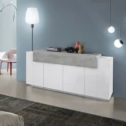 Garnero Arredamenti Credenza 200x86h cm 4 ante moderna bianco lucido cemento Milos Gihome® Cemento - Bianco Lucido Sale