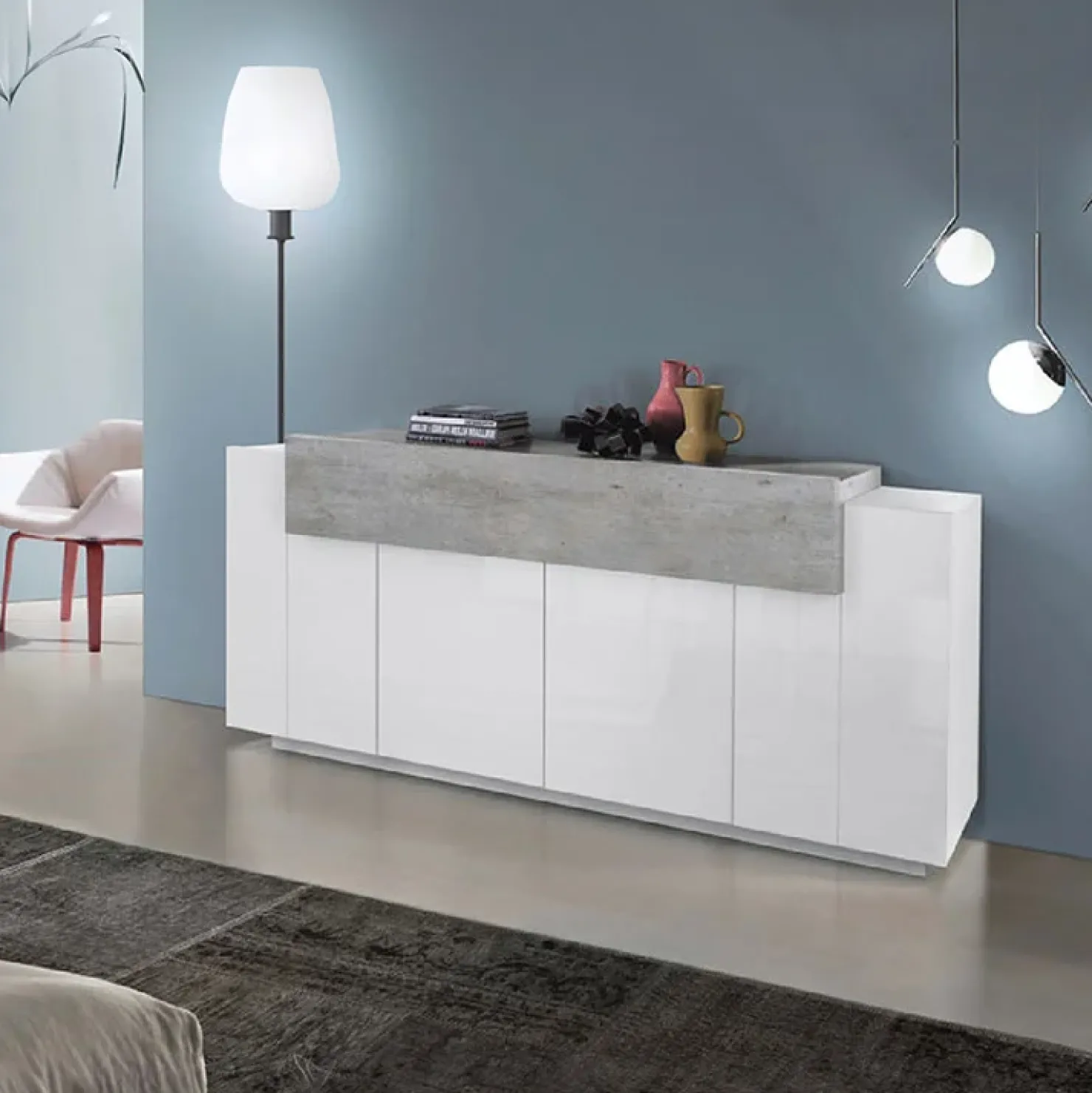 Garnero Arredamenti Credenza 200x86h cm 4 ante moderna bianco lucido cemento Milos Gihome® Cemento - Bianco Lucido Sale