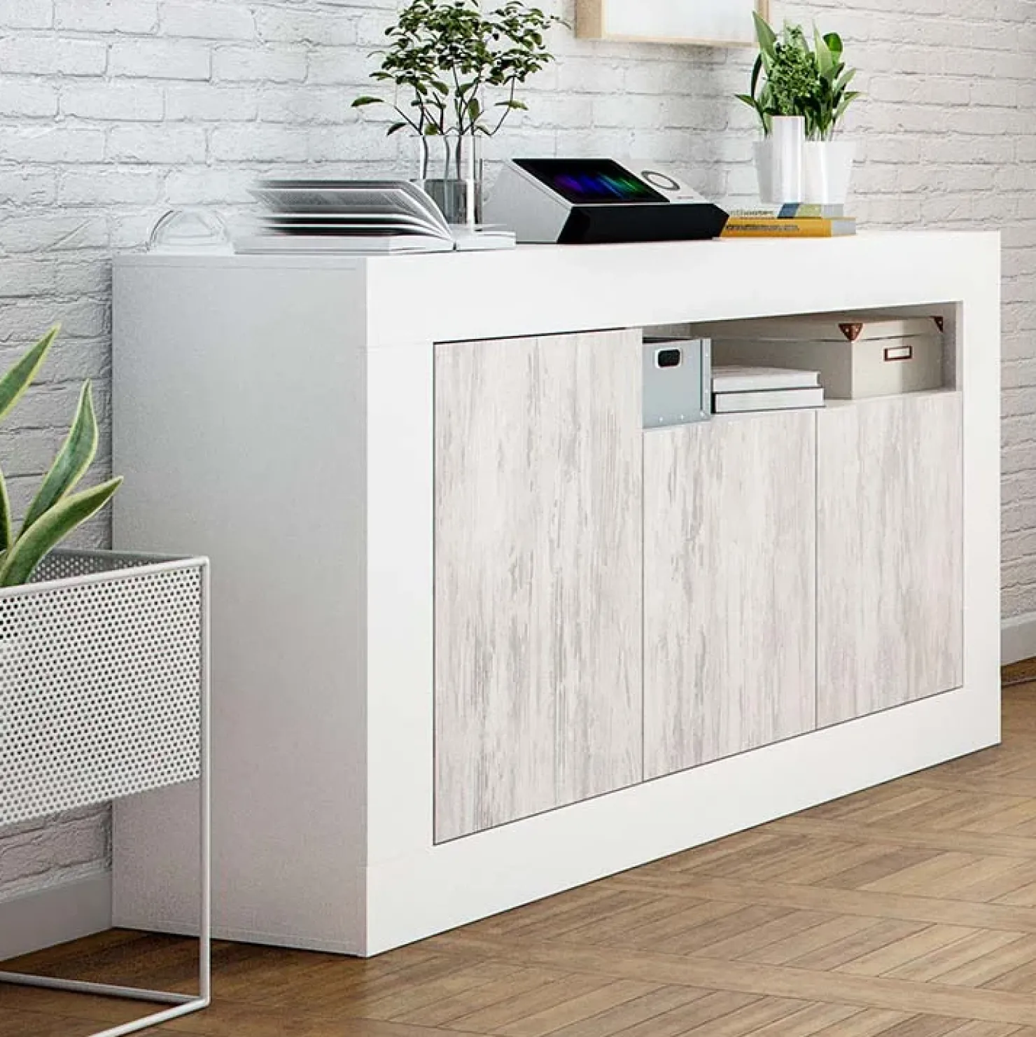 Garnero Arredamenti Credenza 144x87h cm 3 ante moderna soggiorno bianco artico Atene Hot