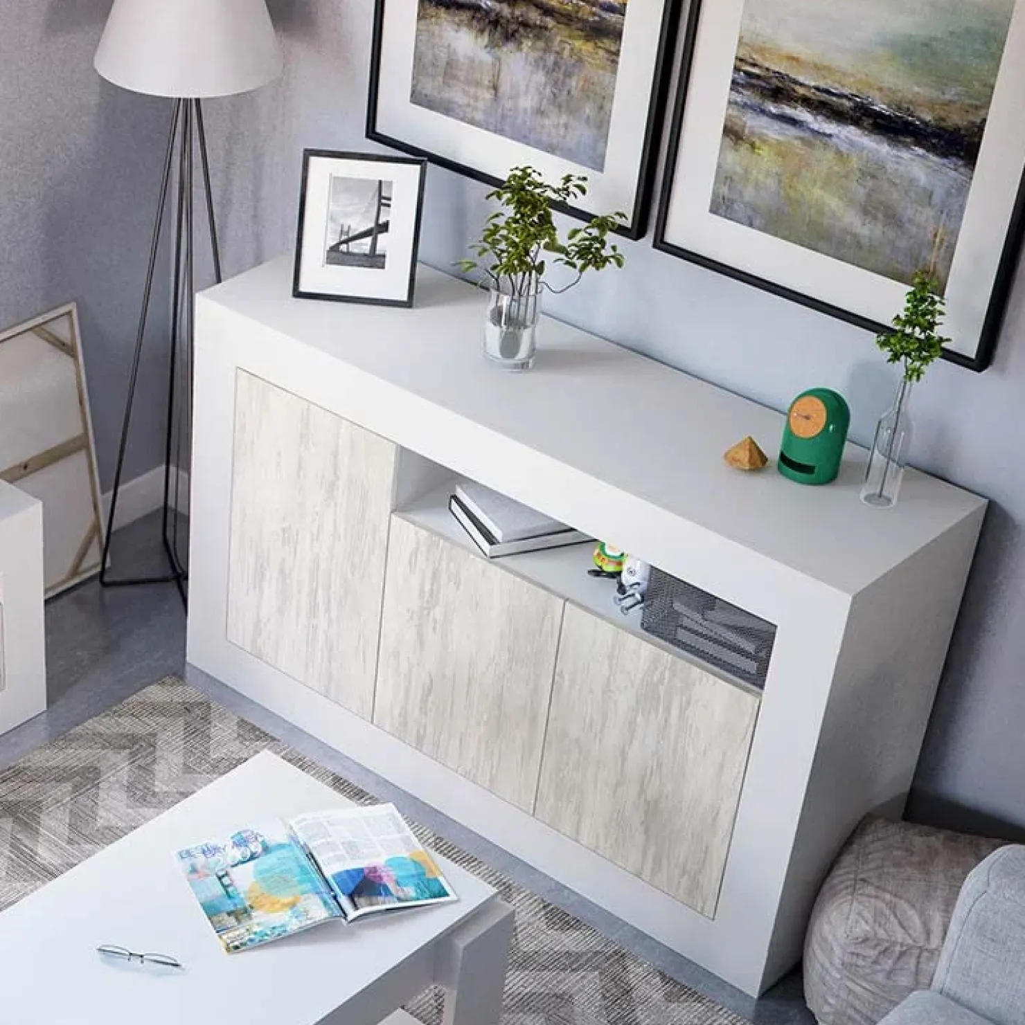 Garnero Arredamenti Credenza 144x87h cm 3 ante moderna soggiorno bianco artico Atene Hot