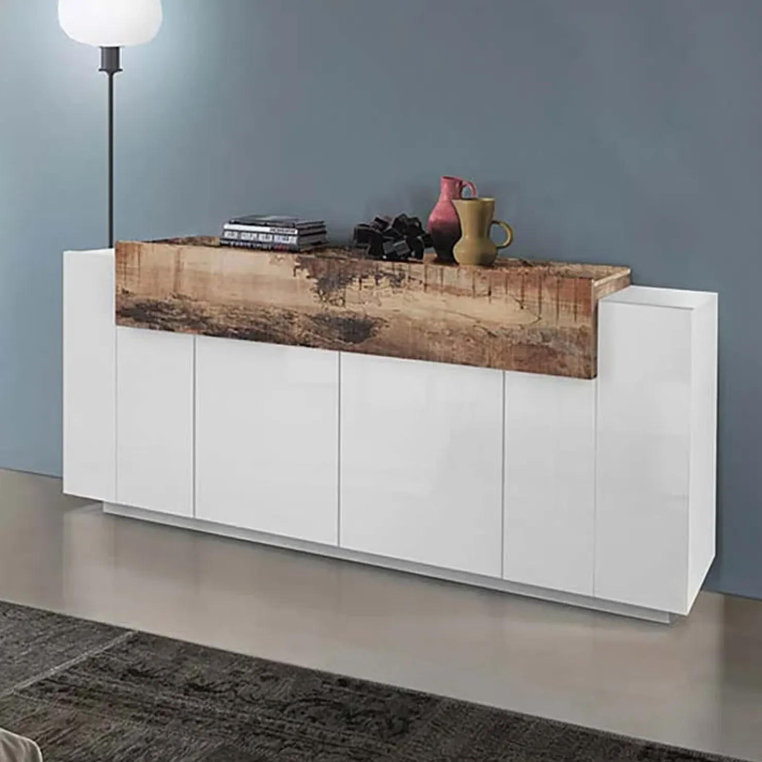 Garnero Arredamenti Credenza 200x86h cm 4 ante moderna bianco lucido pero Milos Gihome® Bianco Lucido - Rovere Rustico Sale