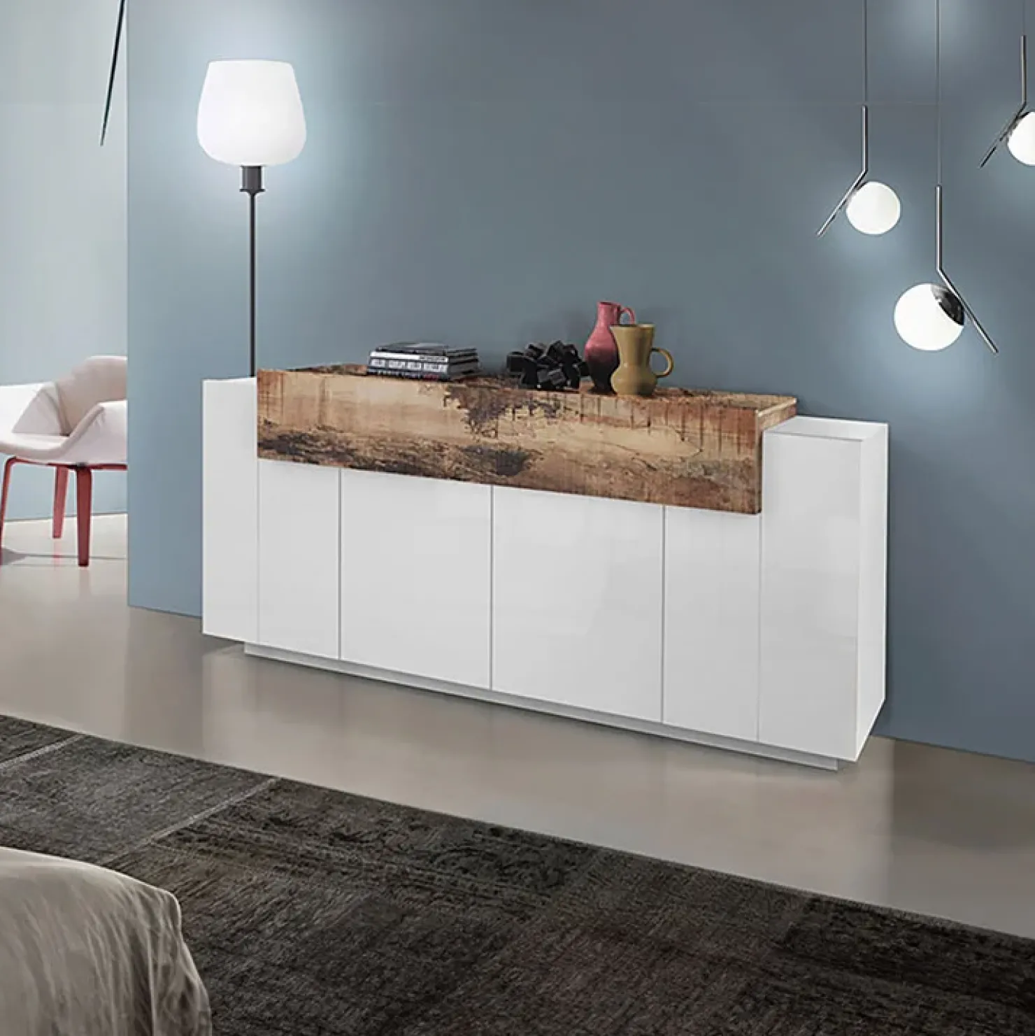 Garnero Arredamenti Credenza 200x86h cm 4 ante moderna bianco lucido pero Milos Gihome® Bianco Lucido - Rovere Rustico Sale