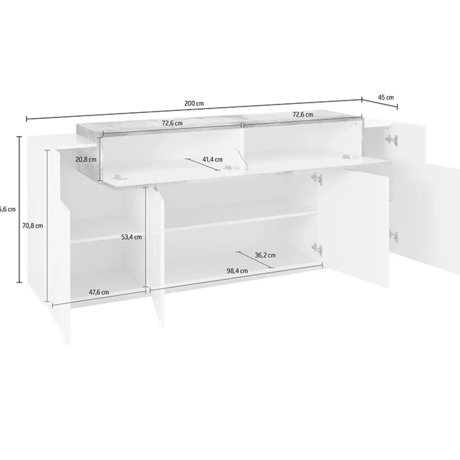 Garnero Arredamenti Credenza 200x86h cm 4 ante moderna bianco lucido pero Milos Gihome® Bianco Lucido - Rovere Rustico Sale