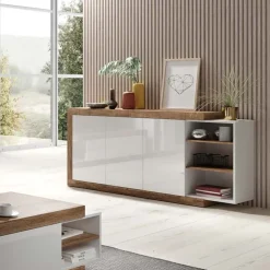 Garnero Arredamenti Credenza 180x86h cm 3 ante moderna bianco lucido rovere Aria Online