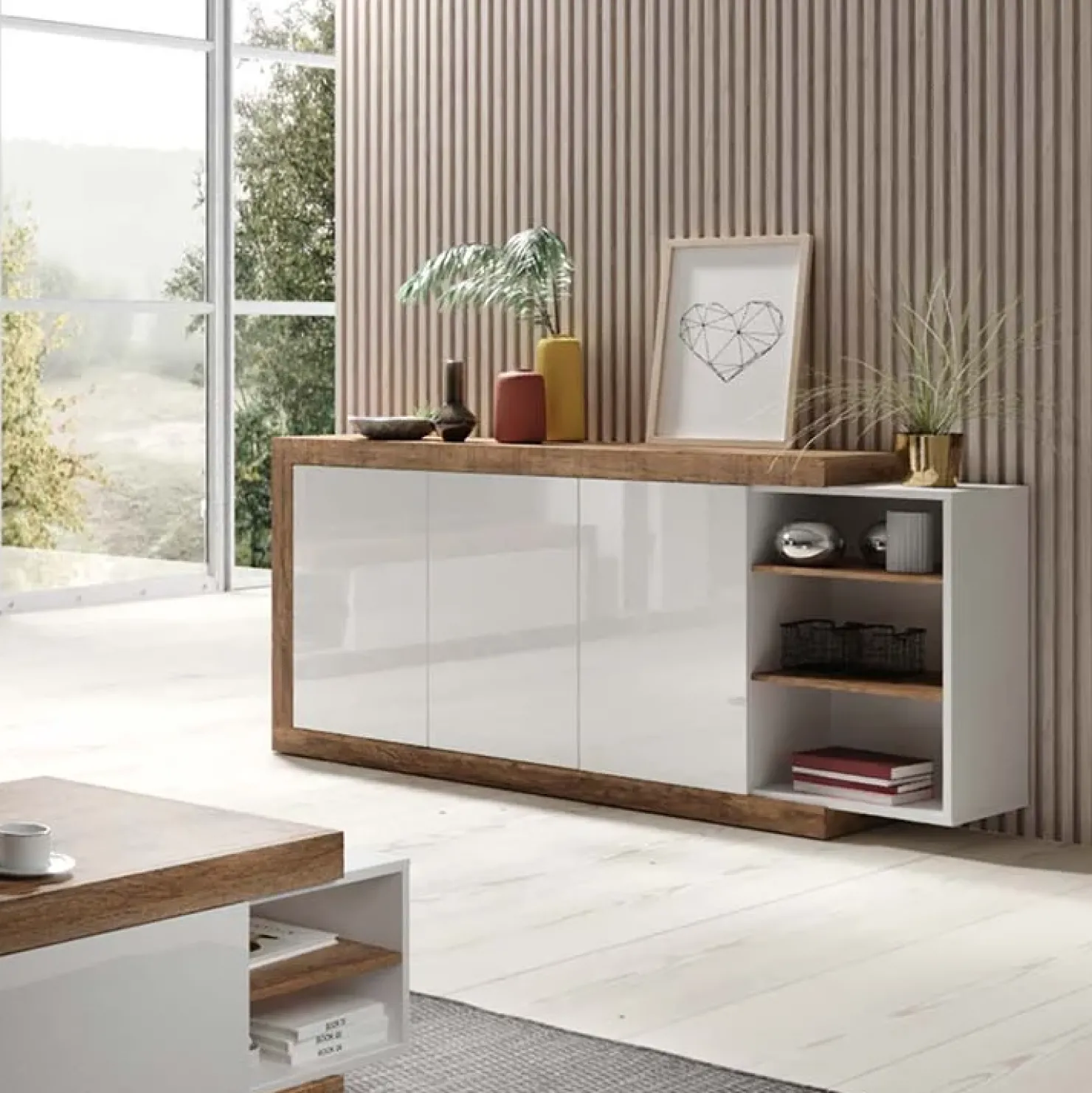 Garnero Arredamenti Credenza 180x86h cm 3 ante moderna bianco lucido rovere Aria Online