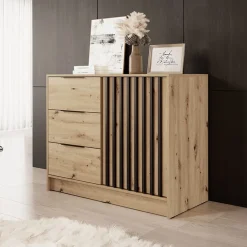 Garnero Arredamenti Credenza 105x86h cm 3 cassetti moderna quercia nero Miller Rovere Rustico Sale