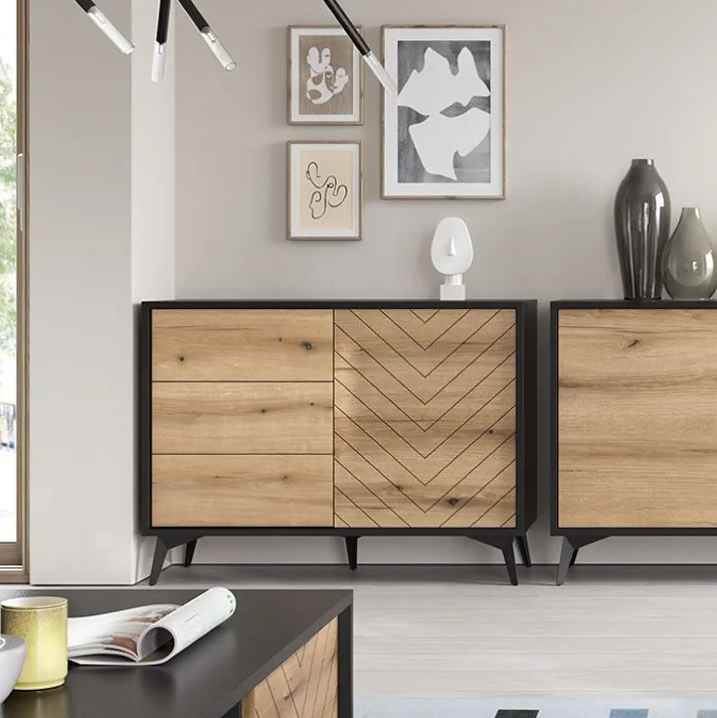 Garnero Arredamenti Credenza 104x77h cm 3 cassetti moderna soggiorno quercia nero Becca Online