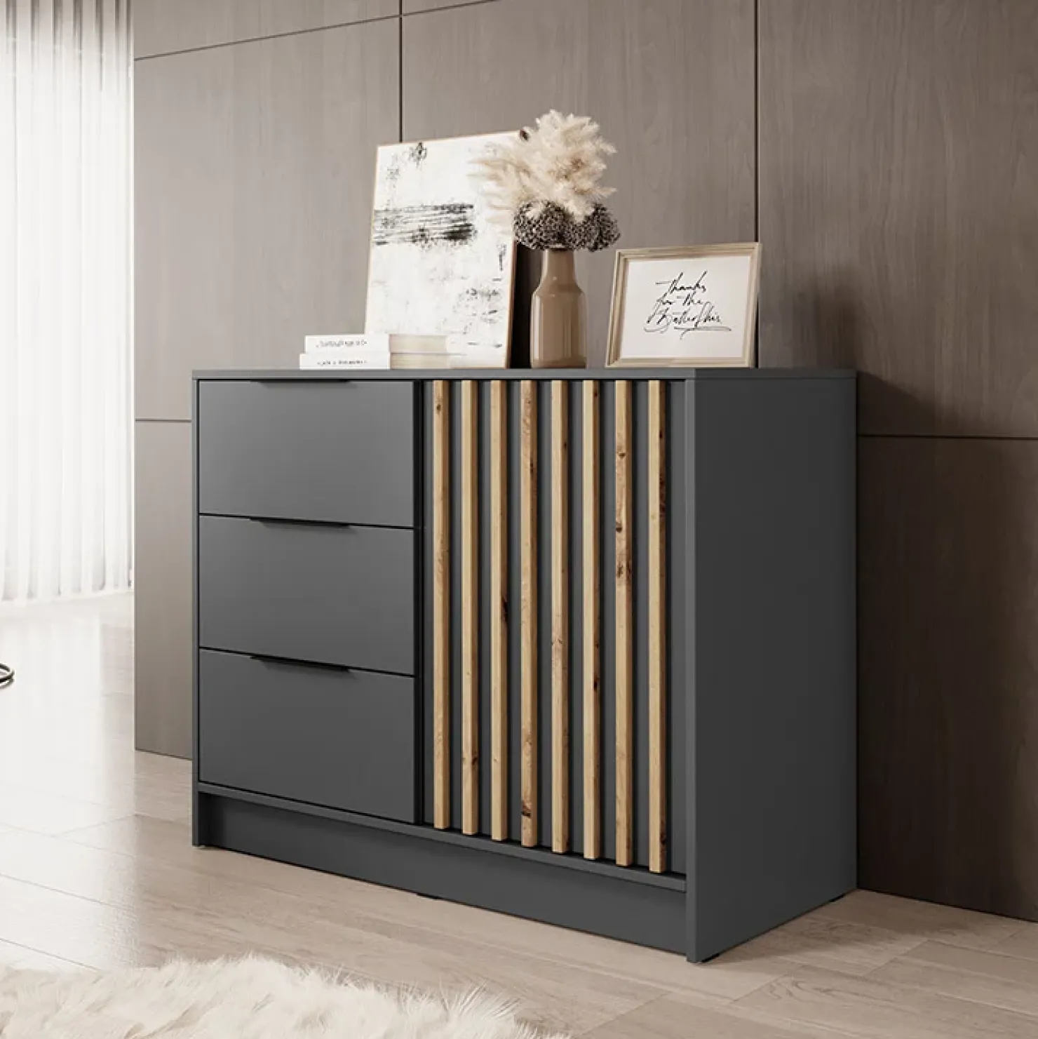 Garnero Arredamenti Credenza 105x86h cm 3 cassetti moderna quercia Miller Antracite Sale