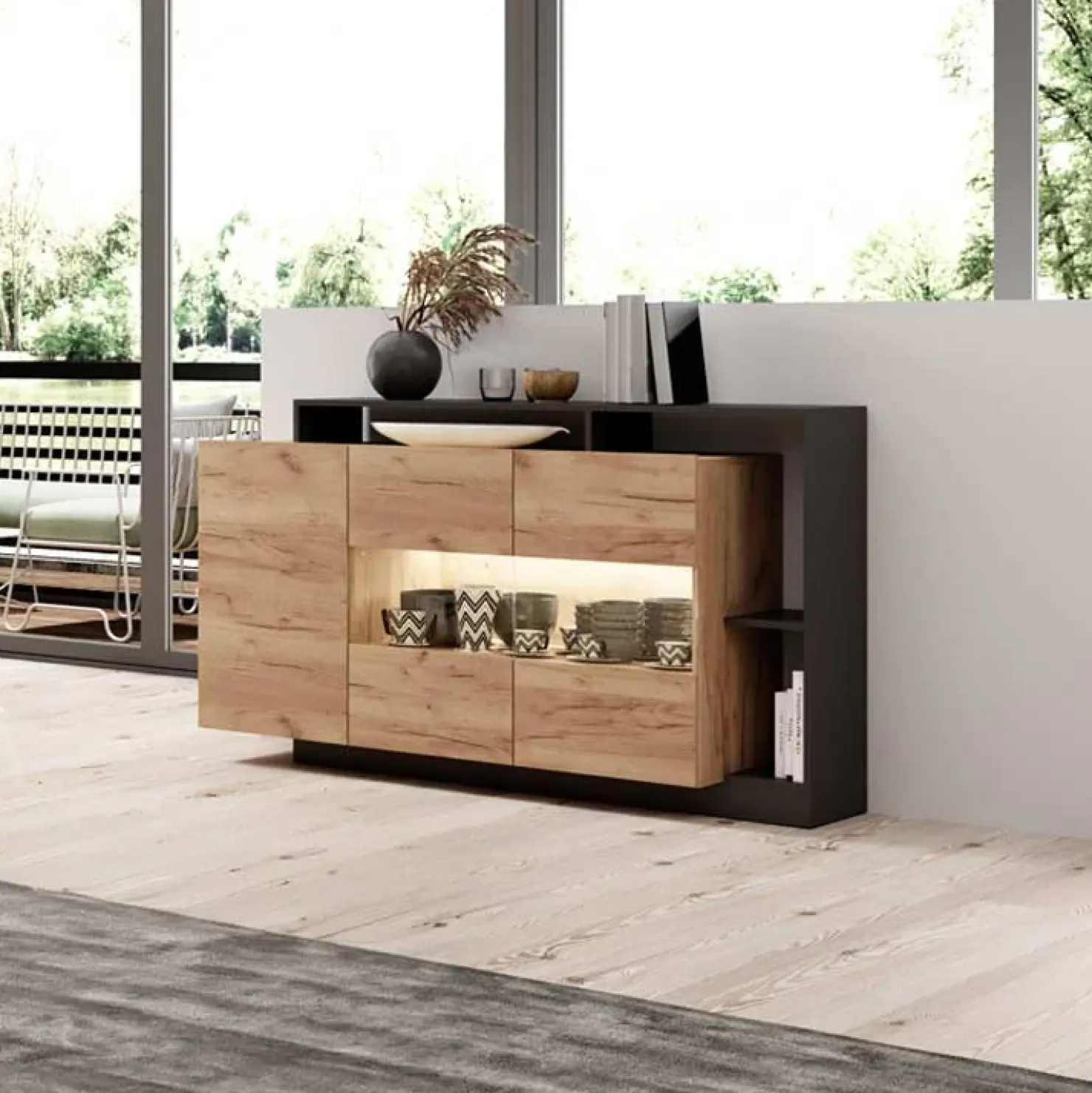 Garnero Arredamenti Credenza 155x94h cm con vetrinetta moderna rovere antracite Blob Rovere - Antracite Discount