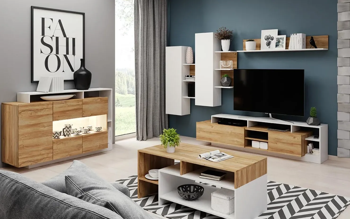 Garnero Arredamenti Credenza 155x94h cm con vetro moderna rovere bianco Blob Rovere - Bianco opaco Sale