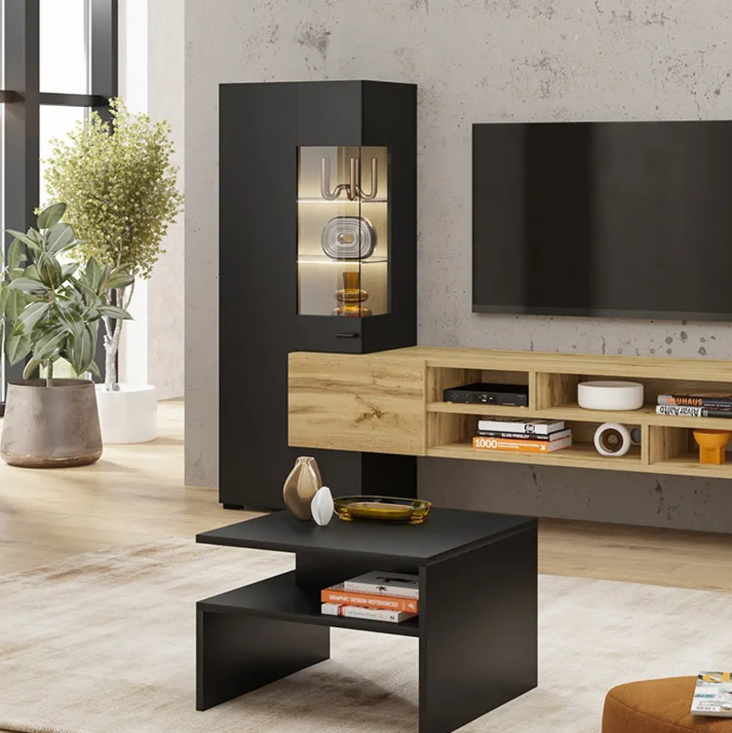 Garnero Arredamenti Credenza 165x71h cm moderna nero rovere chiaro Maserati Rovere - Nero opaco Outlet