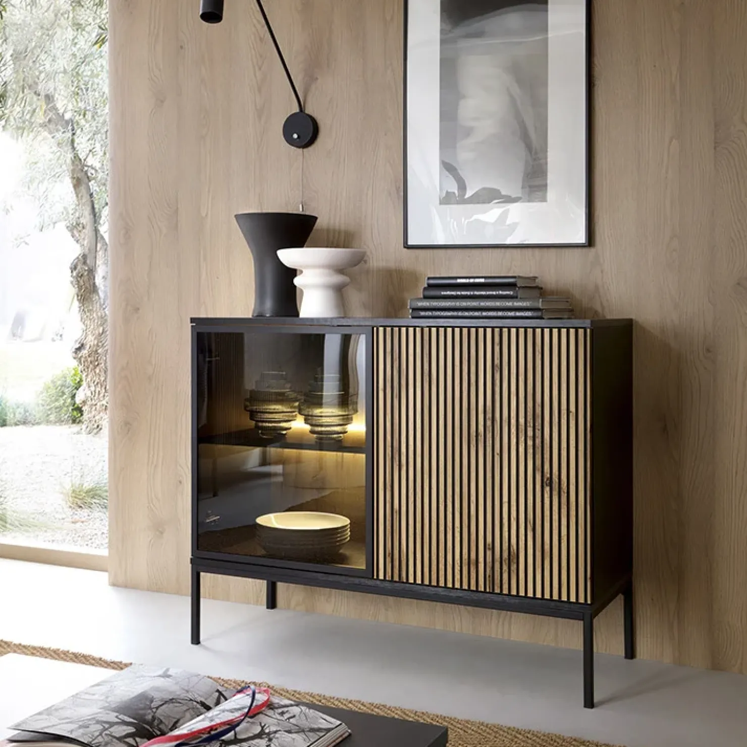 Garnero Arredamenti Credenza 104x83h cm moderna soggiorno nero rovere antico cannettato Bali Hot