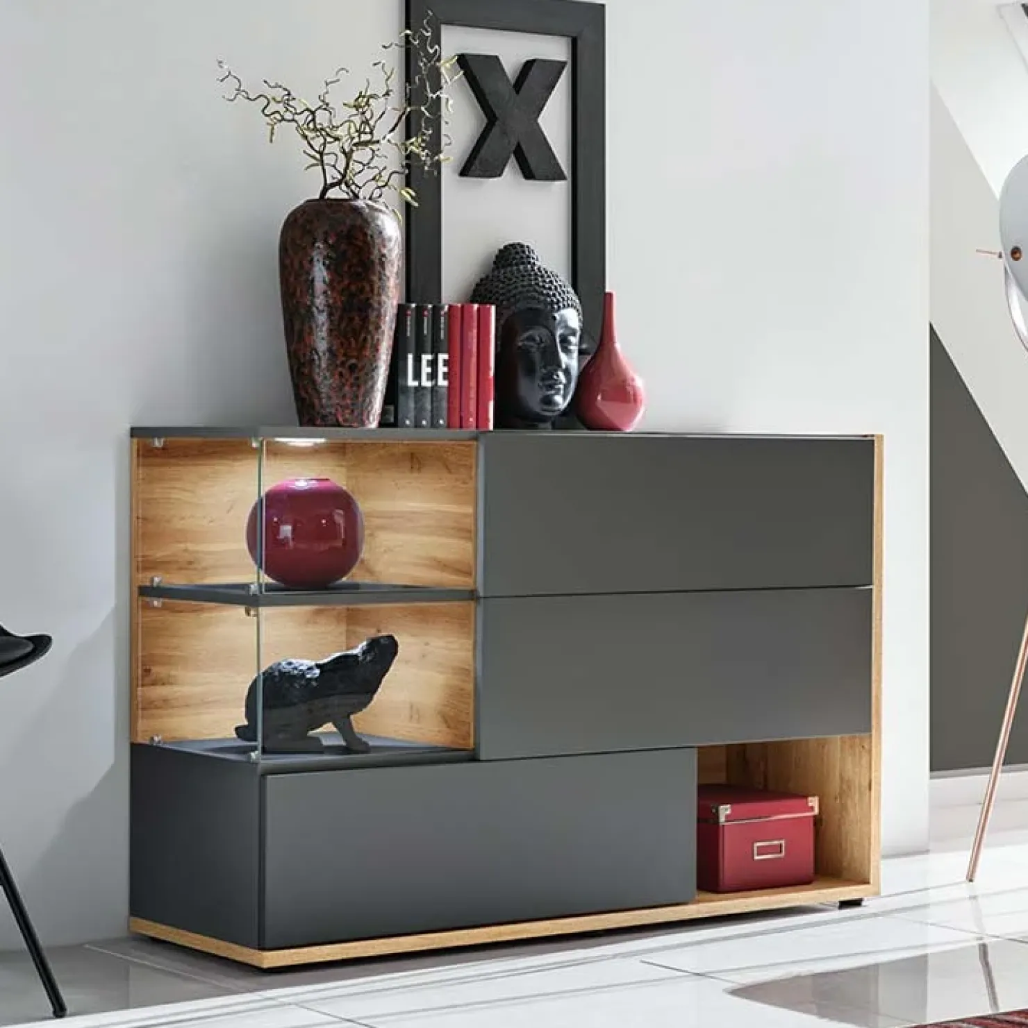 Garnero Arredamenti Credenza 120x77h cm moderna soggiorno rovere antracite Oviedo Gihome® Antracite - Rovere Rustico Discount