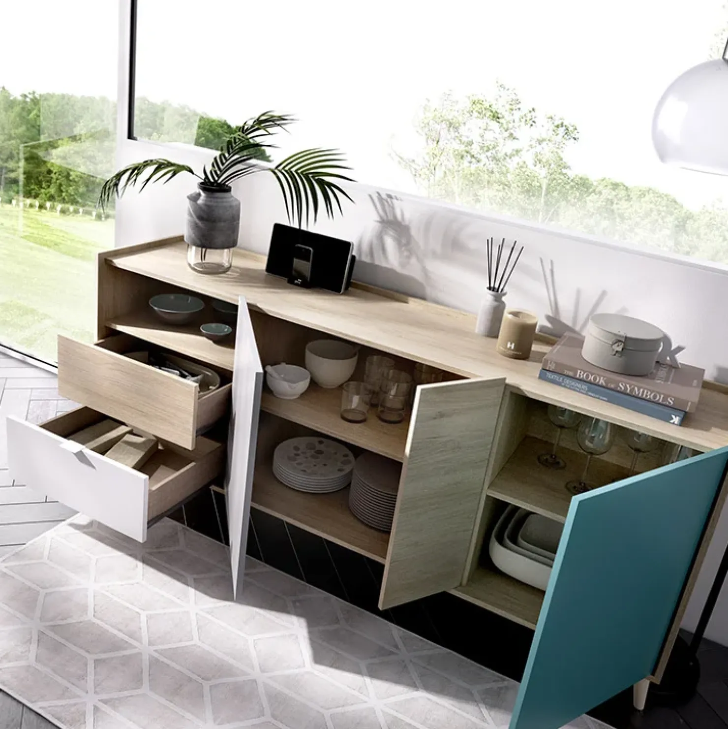 Garnero Arredamenti Credenza 180x75h cm soggiorno rovere grigio bianco petrolio Dominic Hot