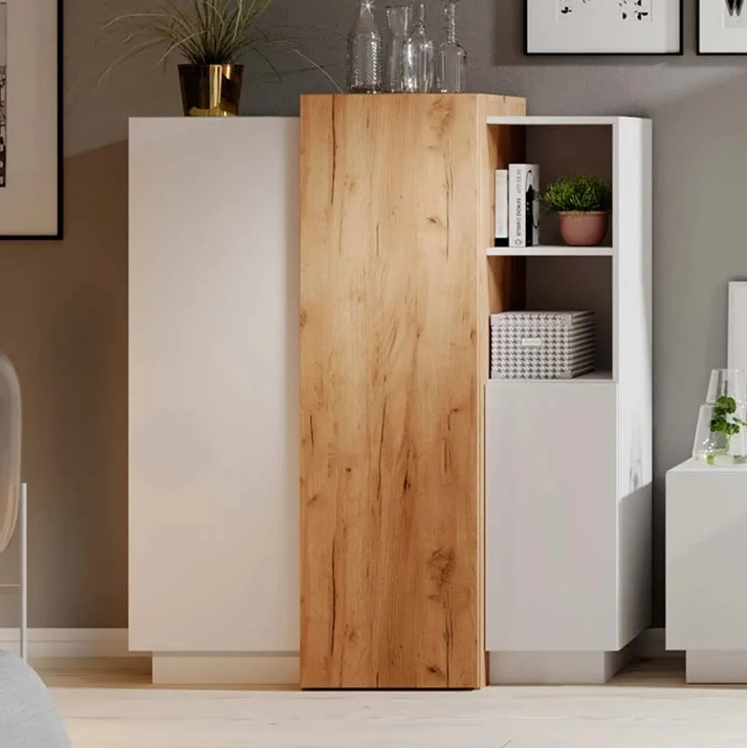 Garnero Arredamenti Credenza 110x134h cm soggiorno 3 ante bianco opaco quercia James Outlet