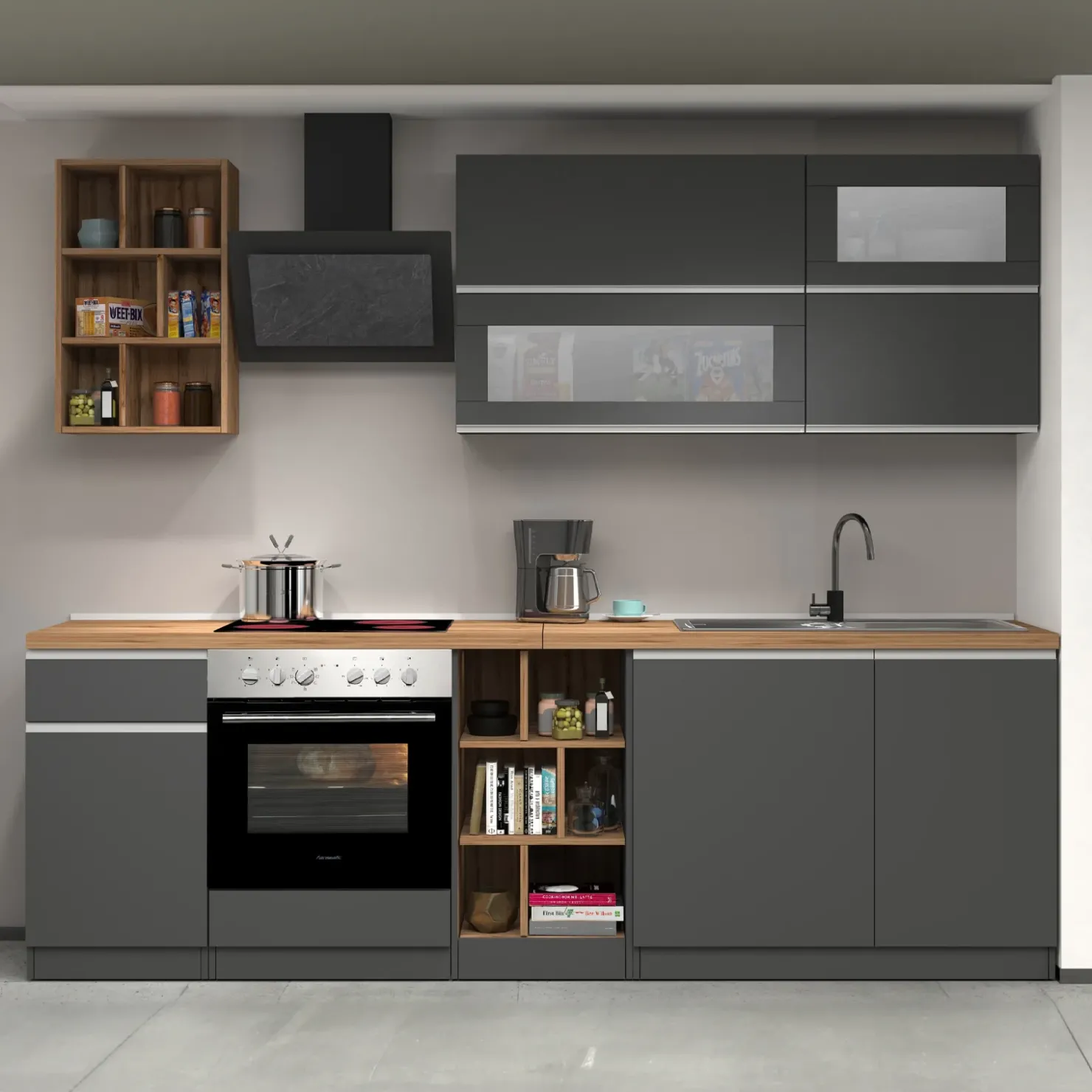 Garnero Arredamenti Cucina 255cm componibile lineare moderna antracite rovere Gourmet Prestige Antracite - Rovere Hot