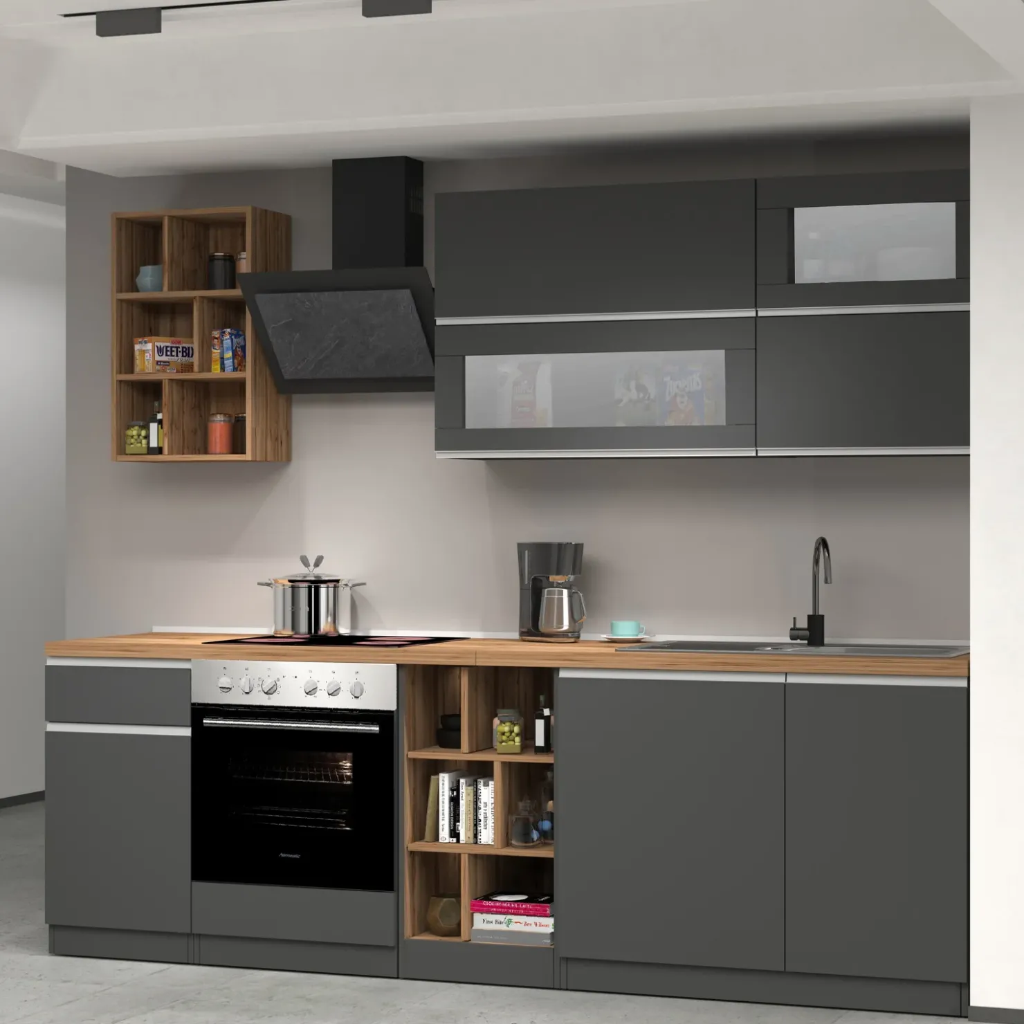 Garnero Arredamenti Cucina 255cm componibile lineare moderna antracite rovere Gourmet Prestige Antracite - Rovere Hot