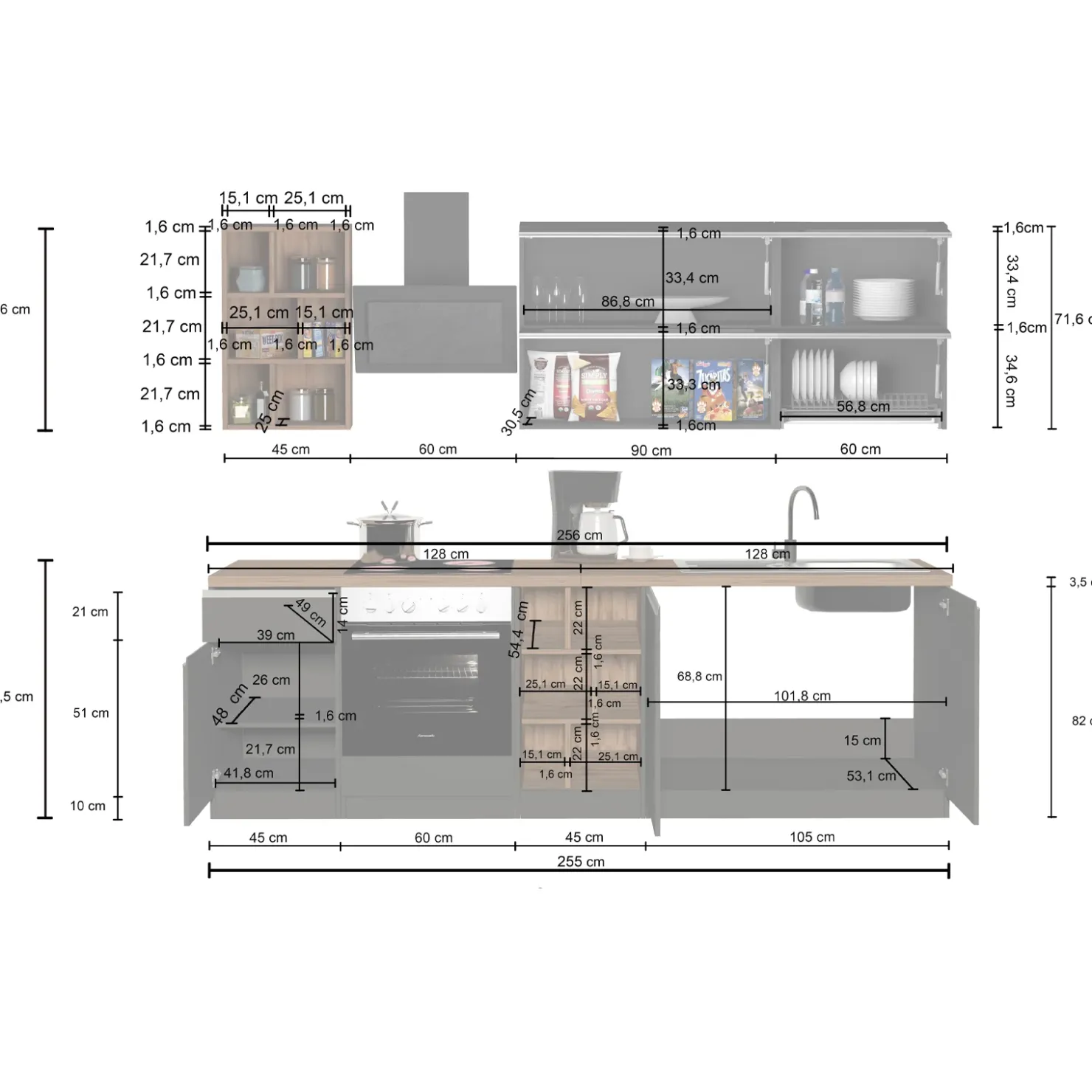 Garnero Arredamenti Cucina 255cm componibile lineare moderna antracite rovere Gourmet Prestige Antracite - Rovere Hot