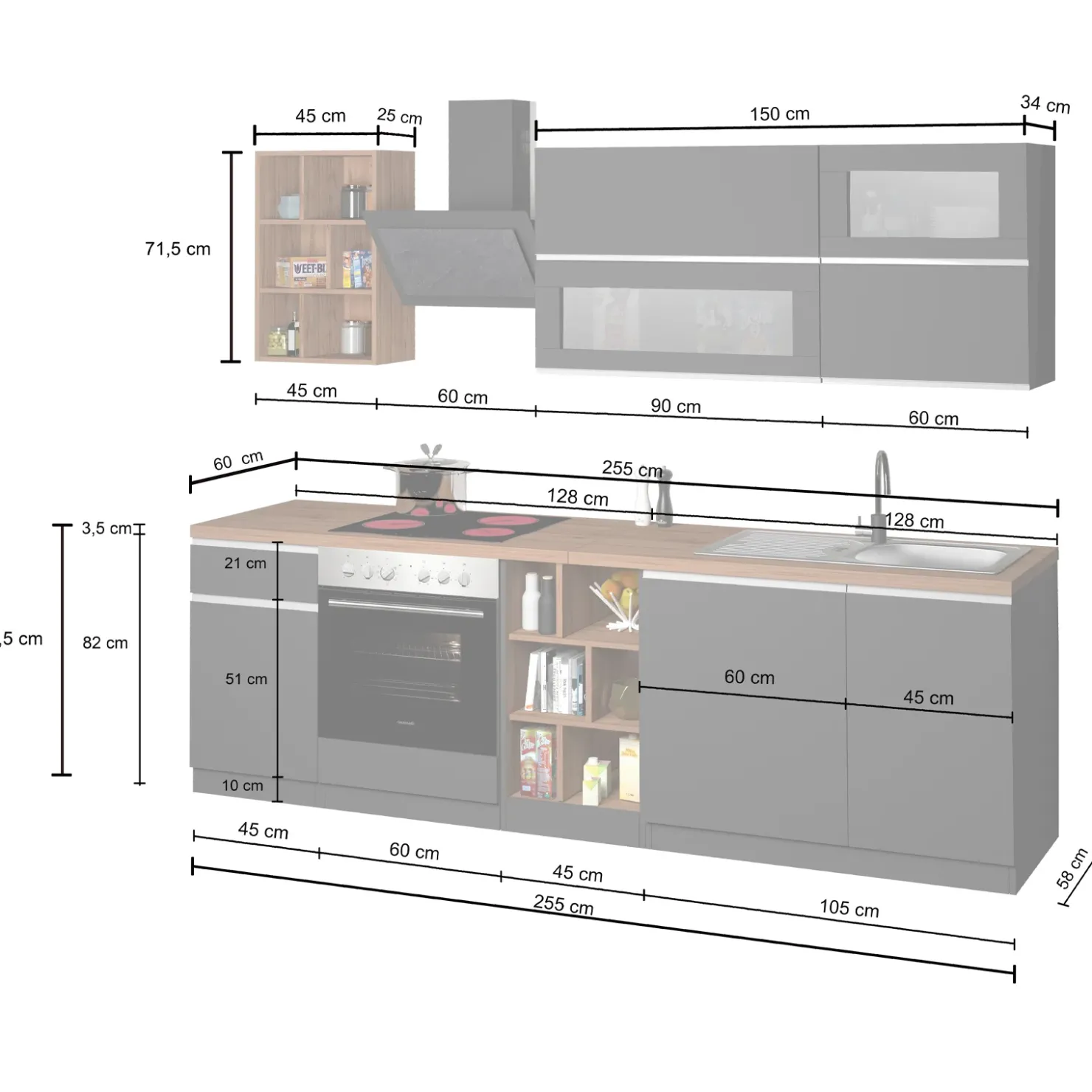 Garnero Arredamenti Cucina 255cm componibile lineare moderna antracite rovere Gourmet Prestige Antracite - Rovere Hot