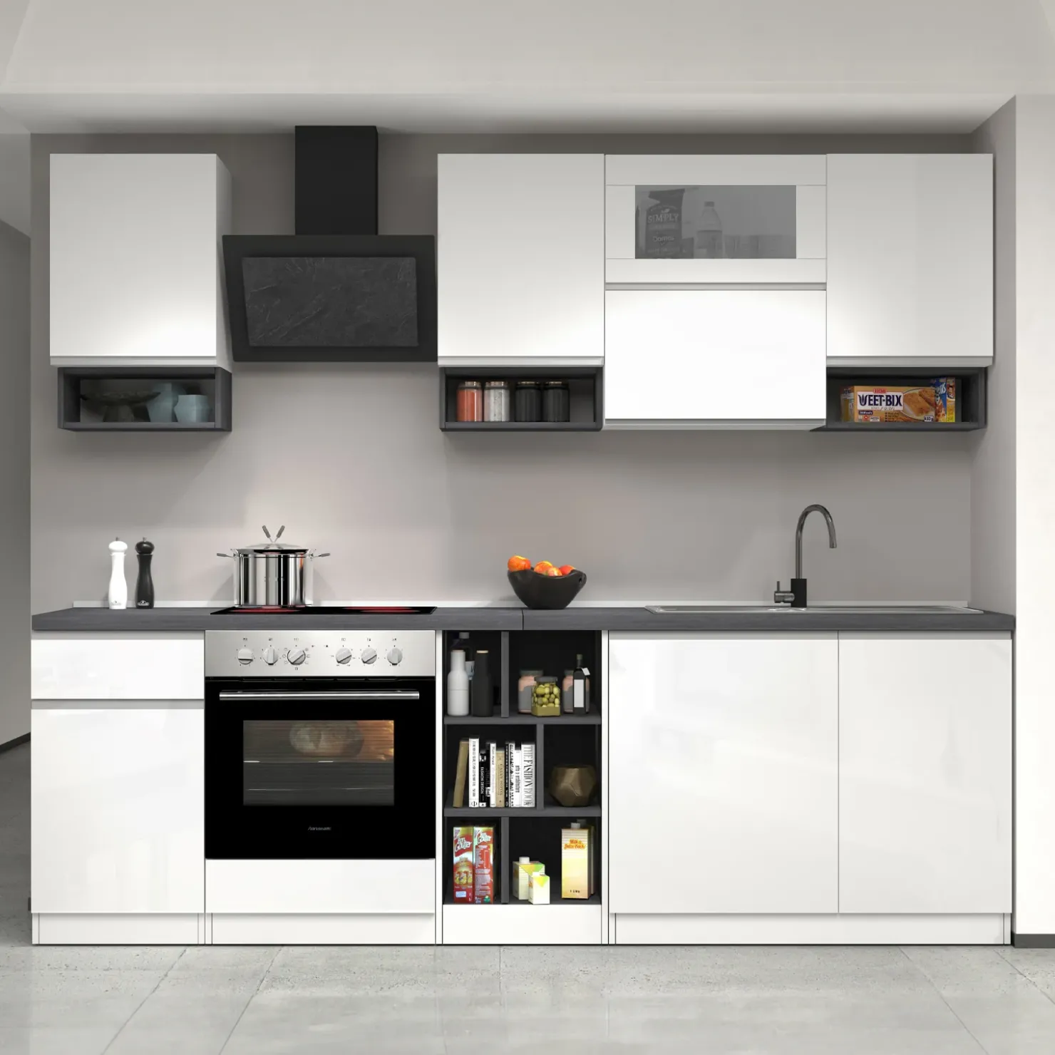 Garnero Arredamenti Cucina 255cm componibile lineare moderna bianco grigio pietra Gourmet Pure Bianco Lucido - Grigio pietra Outlet